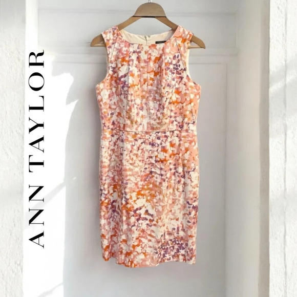 Ann Taylor Pink Purple Cream Abstract Sleeveless Sheatb Dress Petite, LP/14P - Picture 3 of 13